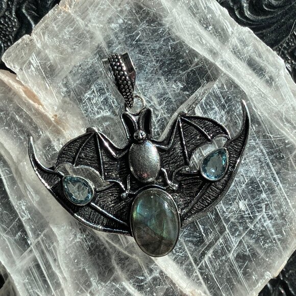 Halloween Flying Vampire Bat Labradorite and Blue Topaz Gemstone Crystal Jewelry - Picture 7 of 7